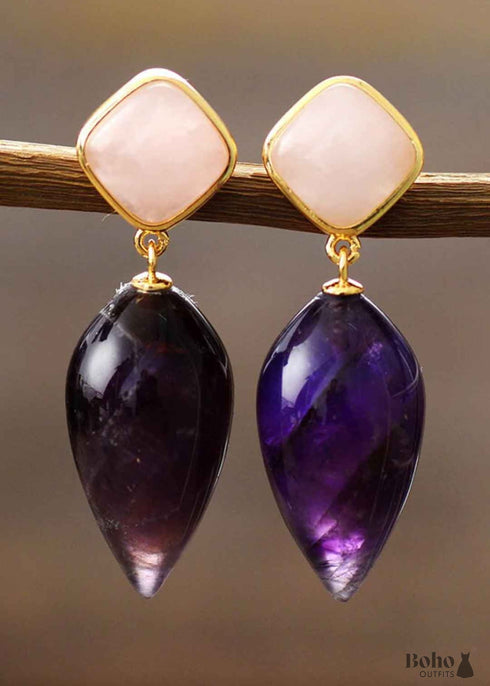 Boho Earrings, Dangle Earrings, Rose Quart Amethysts Teardrop Dangle Earring